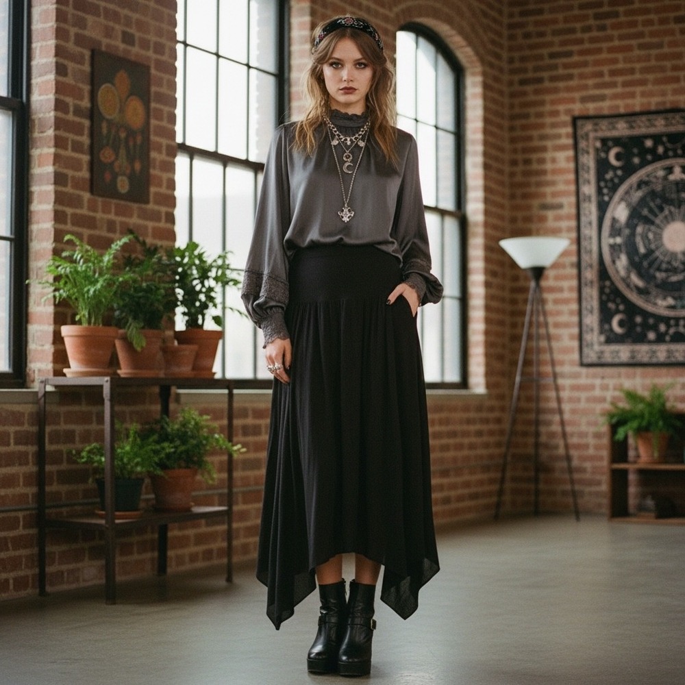 Whimsigoth Handkerchief Hem Maxi Skirt Womens XS Black Lagenlook Ethereal